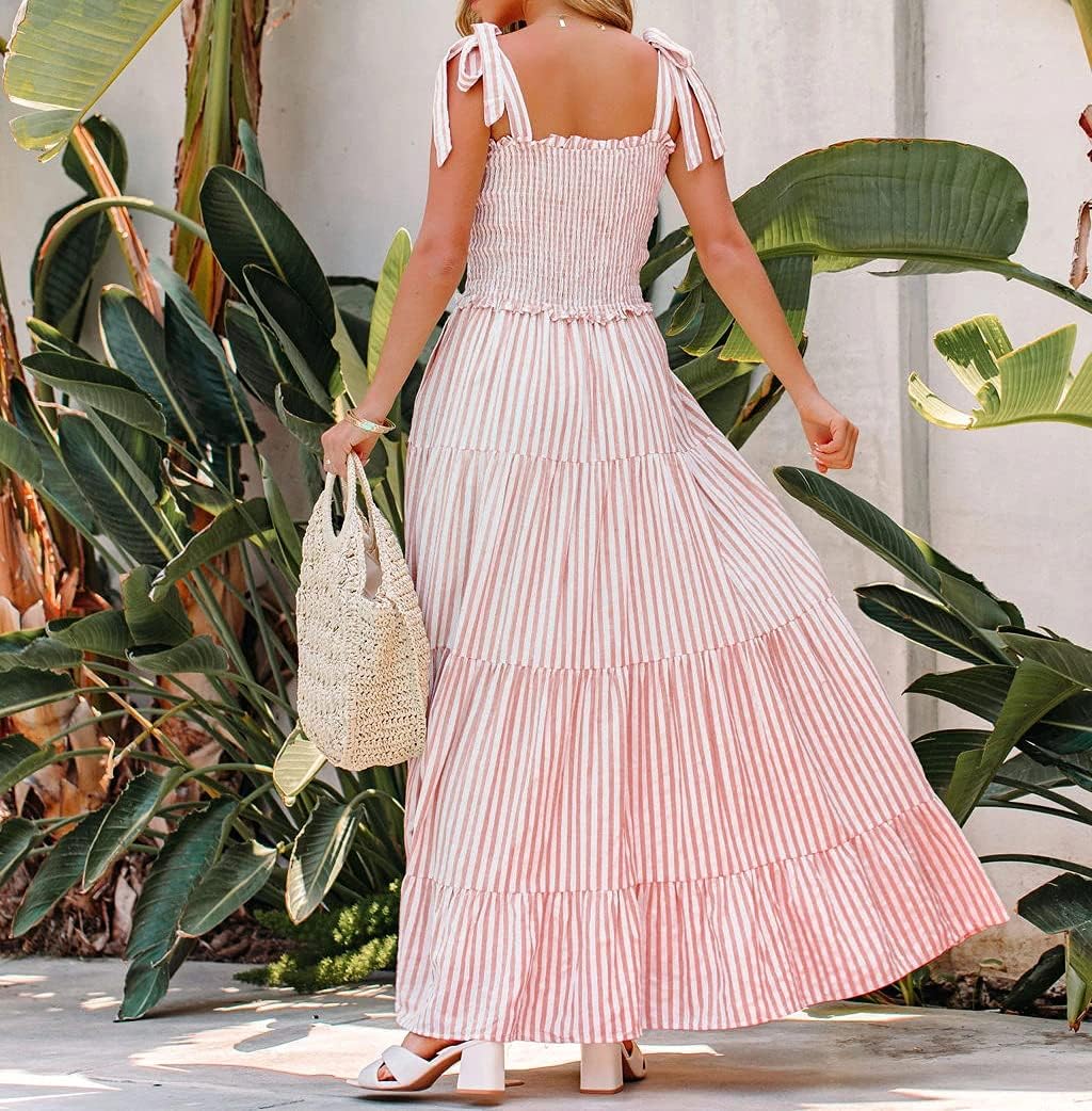 R.Vivimos Women's Summer Cotton Adjustable Straps Boho Stripe Casual Flowy A Line Midi Dress with Pockets - Image 4