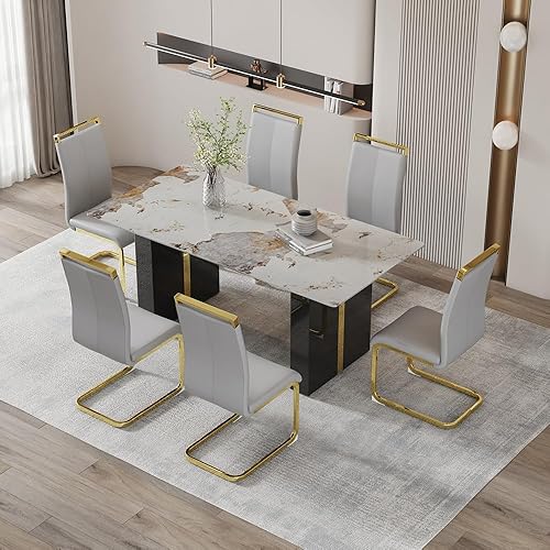 Miniatura 16 de Juego de mesa de comedor moderno de 71 pulgadas para 6, juegos de comedor para 6, mesa de mármol sintético de cocina y sillas de piel sintética,