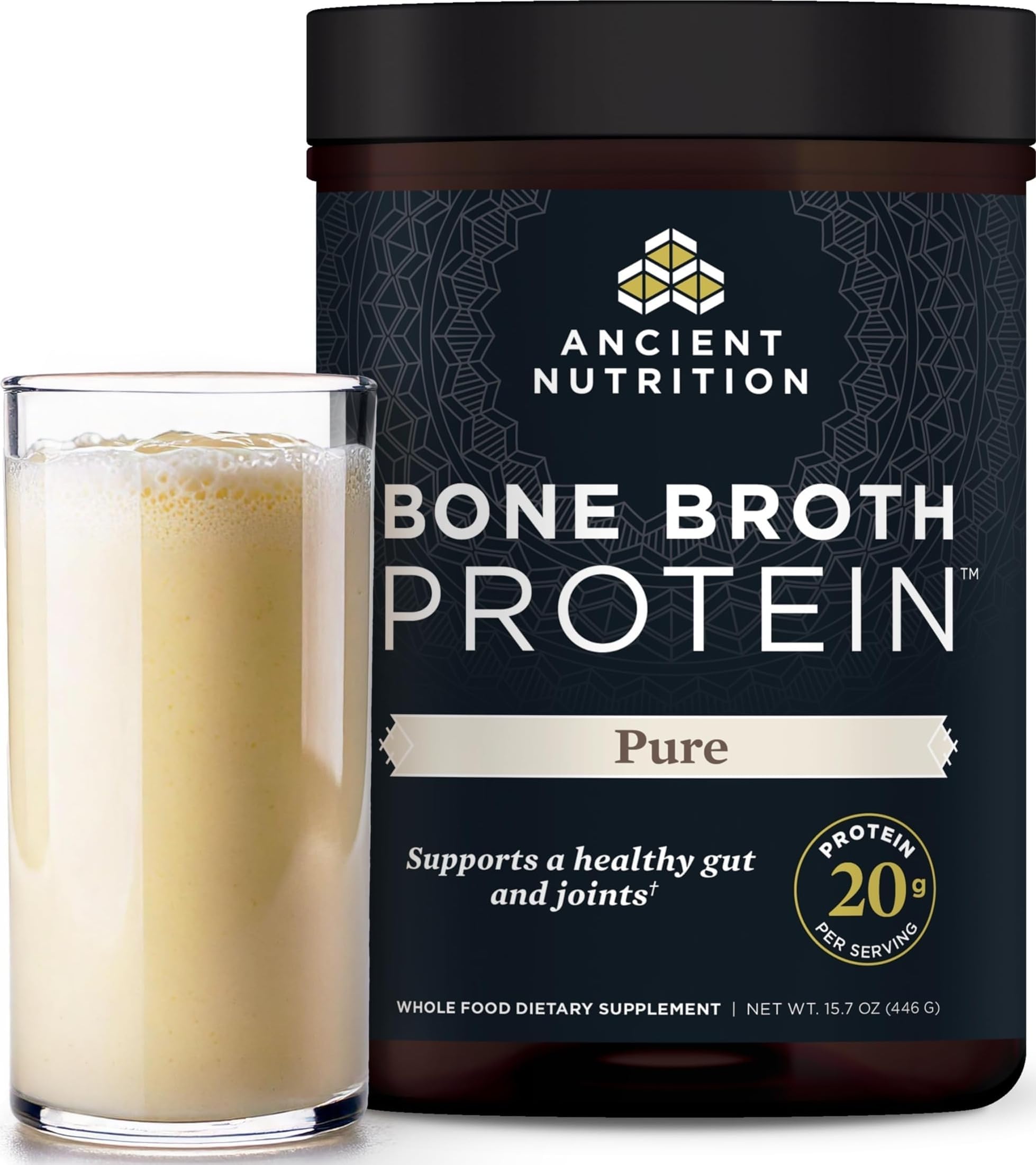Grass Fed Bone Broth Protein Powder, Pure | 20g Clean Protein, Grass-Fed & Pasture-Raised, Collagen Types I, II & III, Gut + Joint Support, 20 Servings