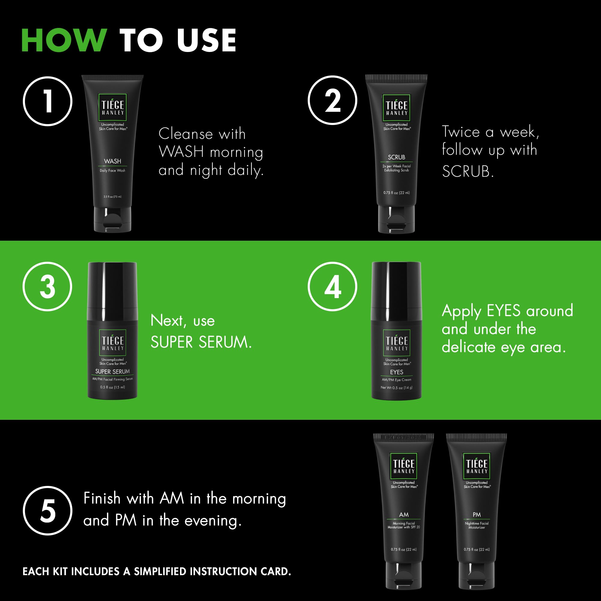 Tiege Hanley Anti-Aging Men's Skin Care Set, 30-Day, 6 Piece Kit