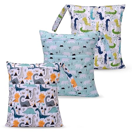 Seebel 3pcs Cloth Diaper Wet Dry Bags Waterproof Reusable with Two Zippered Pockets Travel Beach Pool Daycare Soiled Baby Items Yoga Gym Bag for Swimsuits or Wet Clothes (Dinosaur,Polar bear)