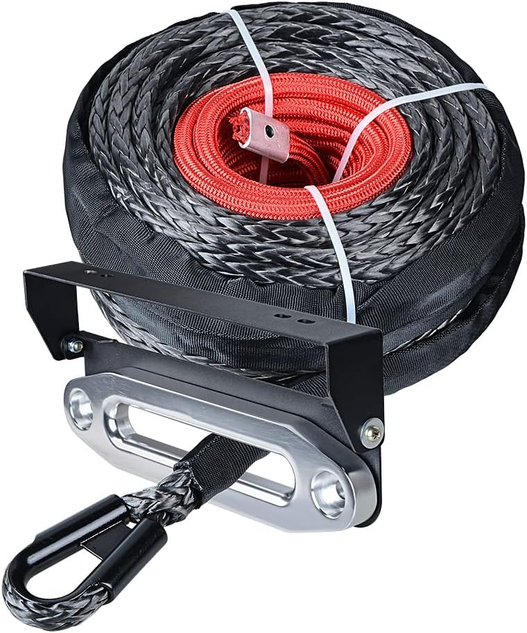 amopacorp 95ft 3/8" Synthetic Winch Rope Protective Guard + 10" Silver Hawse Fairlead + 254mm Flip-Up License Plate Holder Kit