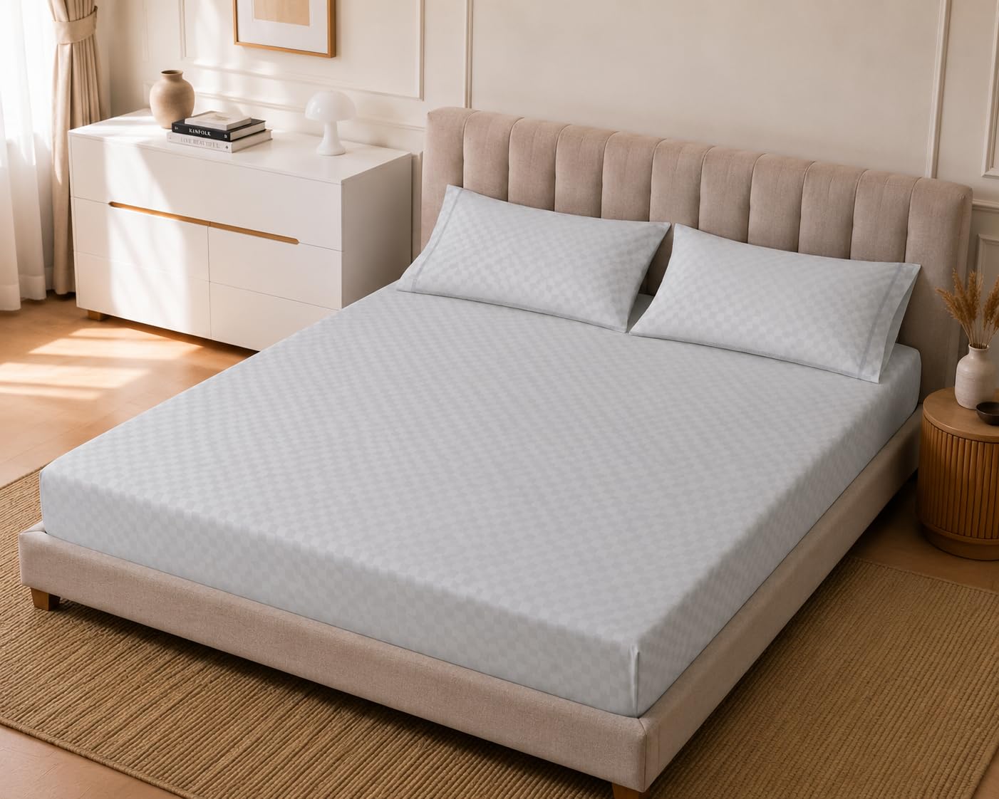 Micro Check Jacquard King Size Bedsheet with 2 Pillow Covers, Checkered Pattern, Soft Cotton, 230 x 250 cm (LightGray)-image-5