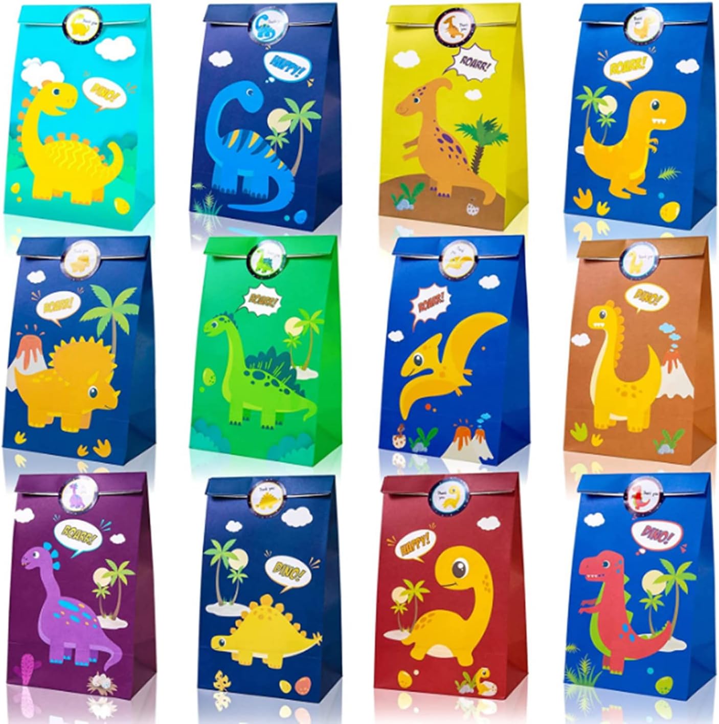 TAMEParty Favor Bags, Paper Party Gift Bags, 24 Packs Dinosaur Theme Birthday Party Favors Bag for Kids Boys Birthday Baby Shower Give Away Gift, Kraft Paper Party Treat Candy Goodie Bag & Seal Sticker