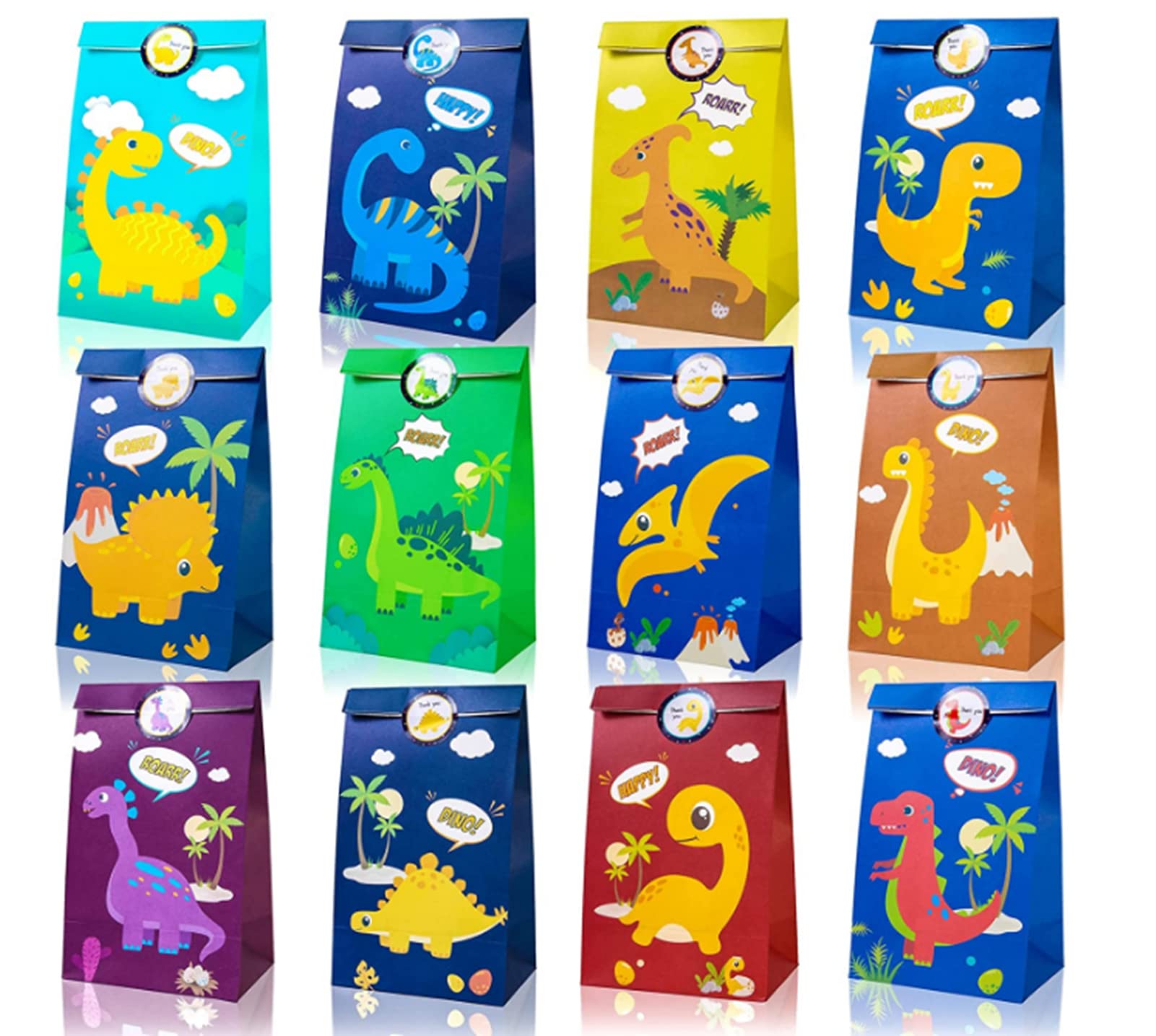 TAMEParty Favor Bags, Paper Party Gift Bags, 24 Packs Dinosaur Theme Birthday Party Favors Bag for Kids Boys Birthday Baby Shower Give Away Gift, Kraft Paper Party Treat Candy Goodie Bag & Seal Sticker