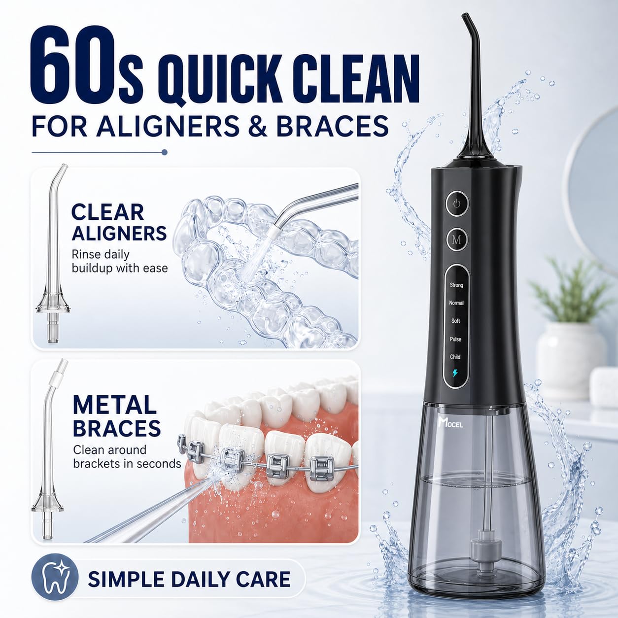 MOCEL Idropulsore dentale senza fili per denti, 300 ml, portatile, con display OLED e modalità bambino, 5 impostazioni di pressione, 6 punte, USB-C, impermeabile IPX7, bretelle e assistenza familiare