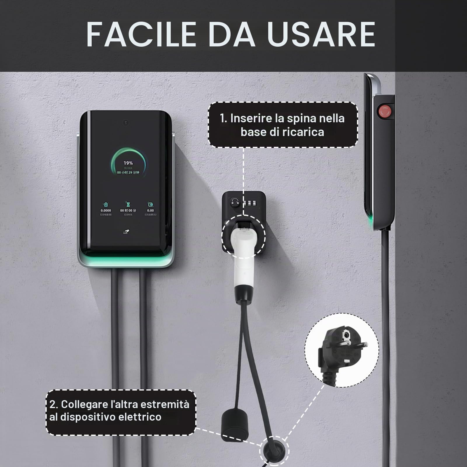 Adattatore Tipo 2 a Schuko, 3,5 kw 16A 0.7M 250V, Adattatore per Cavo di Ricarica EV Tipo 2 su Schuko, per e-Bike, e-Scooter, e-Moto, Non per V2L