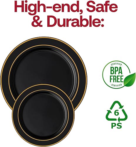 Miniatura 4 de Smarty Had A Party Juego de vajilla de plástico, paquete de 80 unidades, color negro con borde dorado, platos dorados desechables de 10.25 pulgadas,