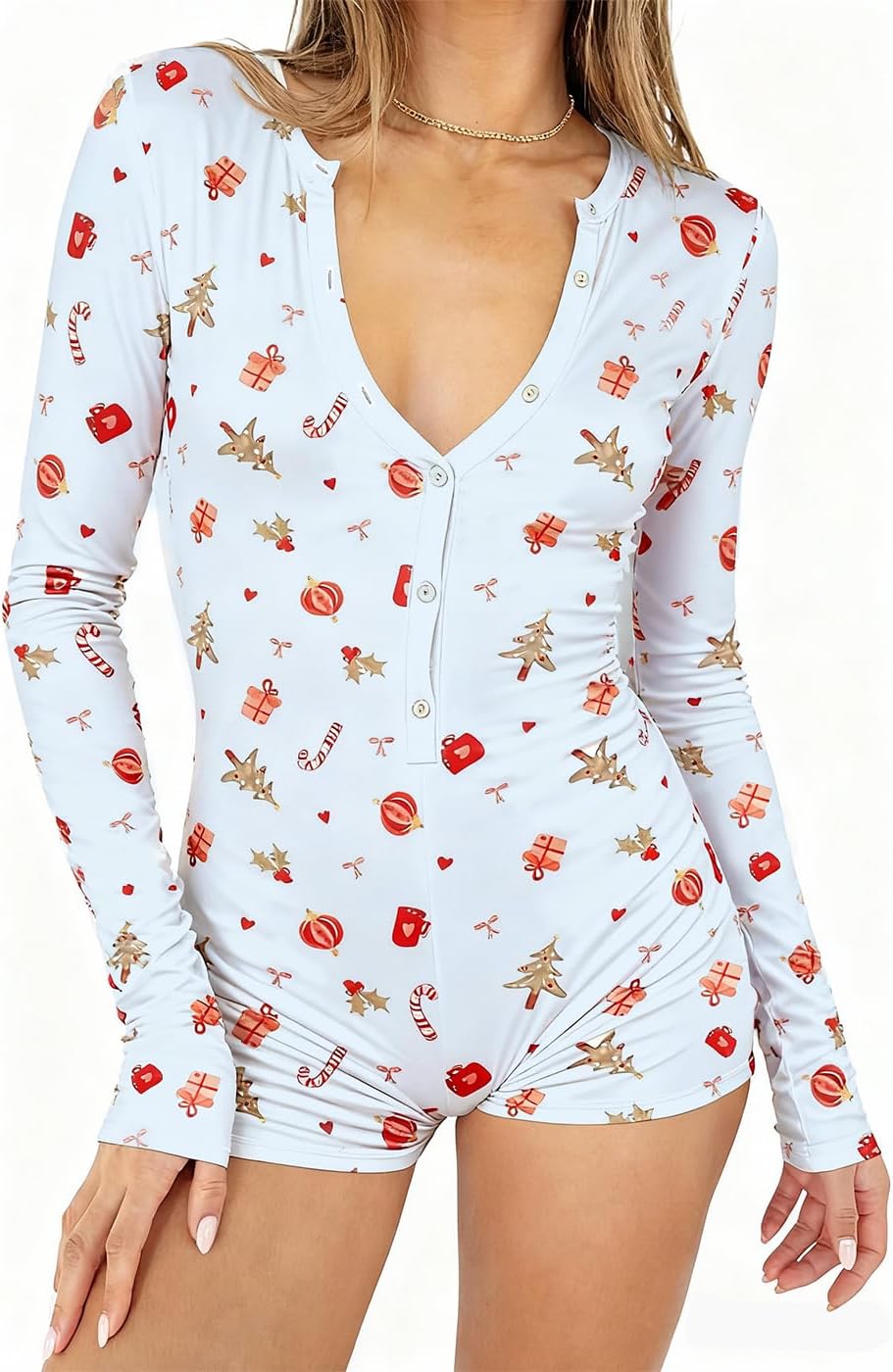 REVETRO Women's 2026 Spring Sexy V Neck Long Sleeve Shorts Romper Y2k One Piece Jumpsuit Bodycon Pajama Set Gym Bodysuit