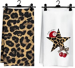 Trendy Leopard Kitchen Dish Towels, Leopard Cheetah Print Gifts for Women, Coquette Cheetah Bow Cherry Lucky 8 Ball Decorative Hand Tea Towels for Kitchen Bathroom, 16x24 Inch Set of 2