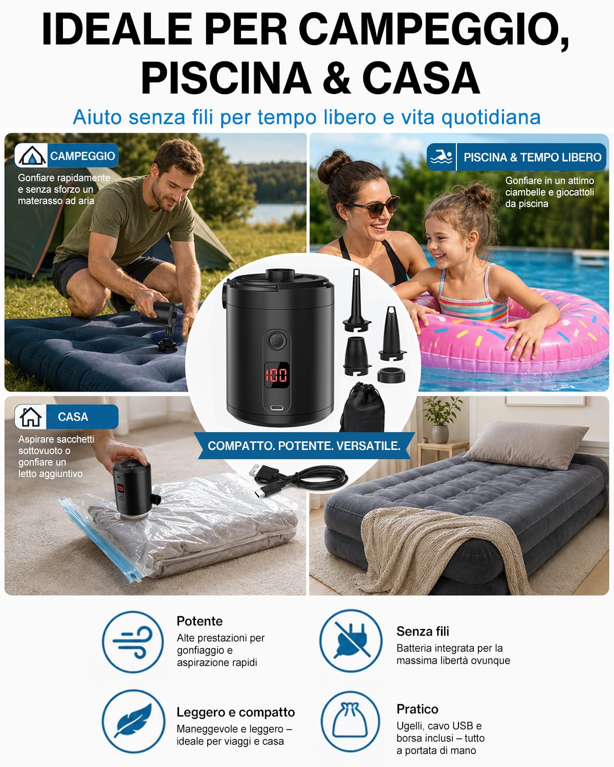 Lytool Pompa Elettrica 5200mAh con Display Digitale, 4 KPa Portatile Rapida 280L/min con 3 Ugelli e Anello per Piscina, Vacuum, Campeggio e Materasso Gonfiabile