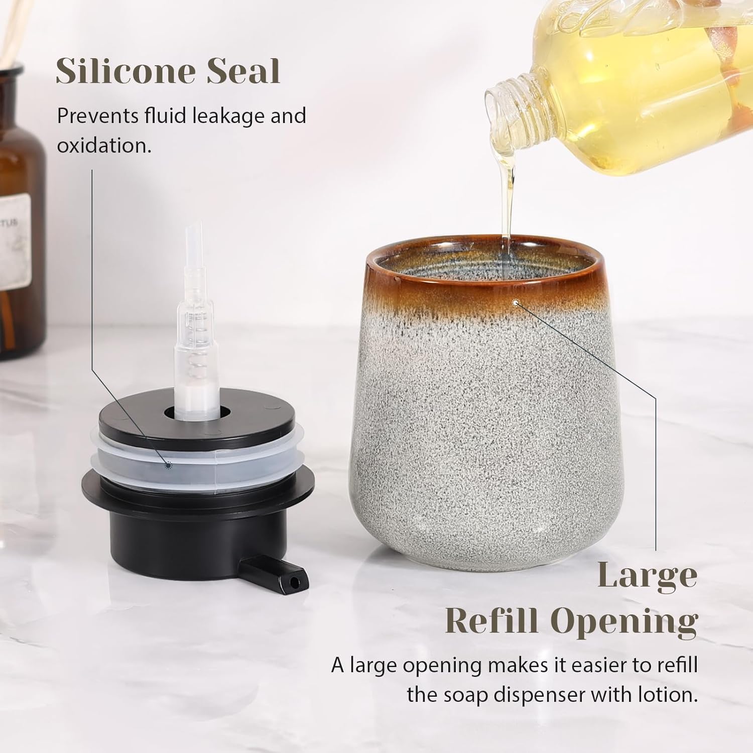 INGOFIN Ceramic Foaming and Liquid Soap Dispenser Set -12oz Foam and Lotion Hand Soap Dispenser Bathroom, Modern Refillable Dish Wash Soap Bottle for Kitchen with Large Pump,Kiln-Glazed White