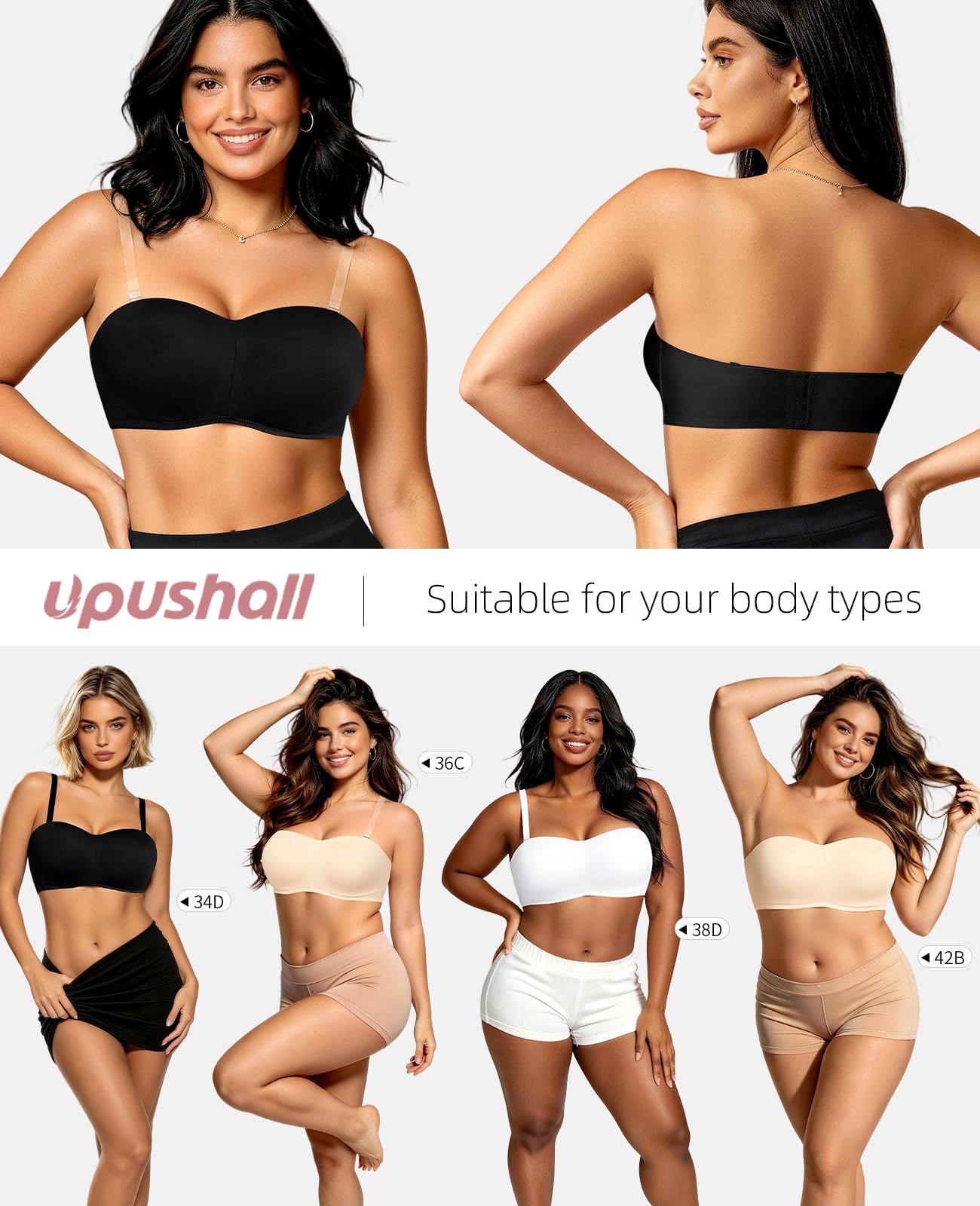 Upushall Trägerlose BHs in Übergröße für Damen, Bügel, gepolsterter Bandeau-BH mit transparenten Trägern