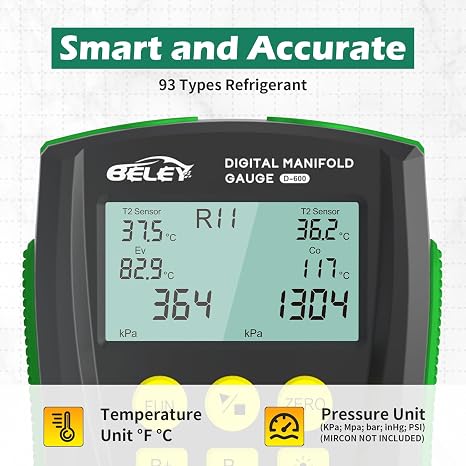 Digital Manifold HVAC Gauge Set 93 Refrigerants Dual Pressure &Temp Test | 2-Way Valve with Temperature Clips and Hoses Vacuum AC Gauges for R1234YF R134A R404A R410A R32 R744(CO2)