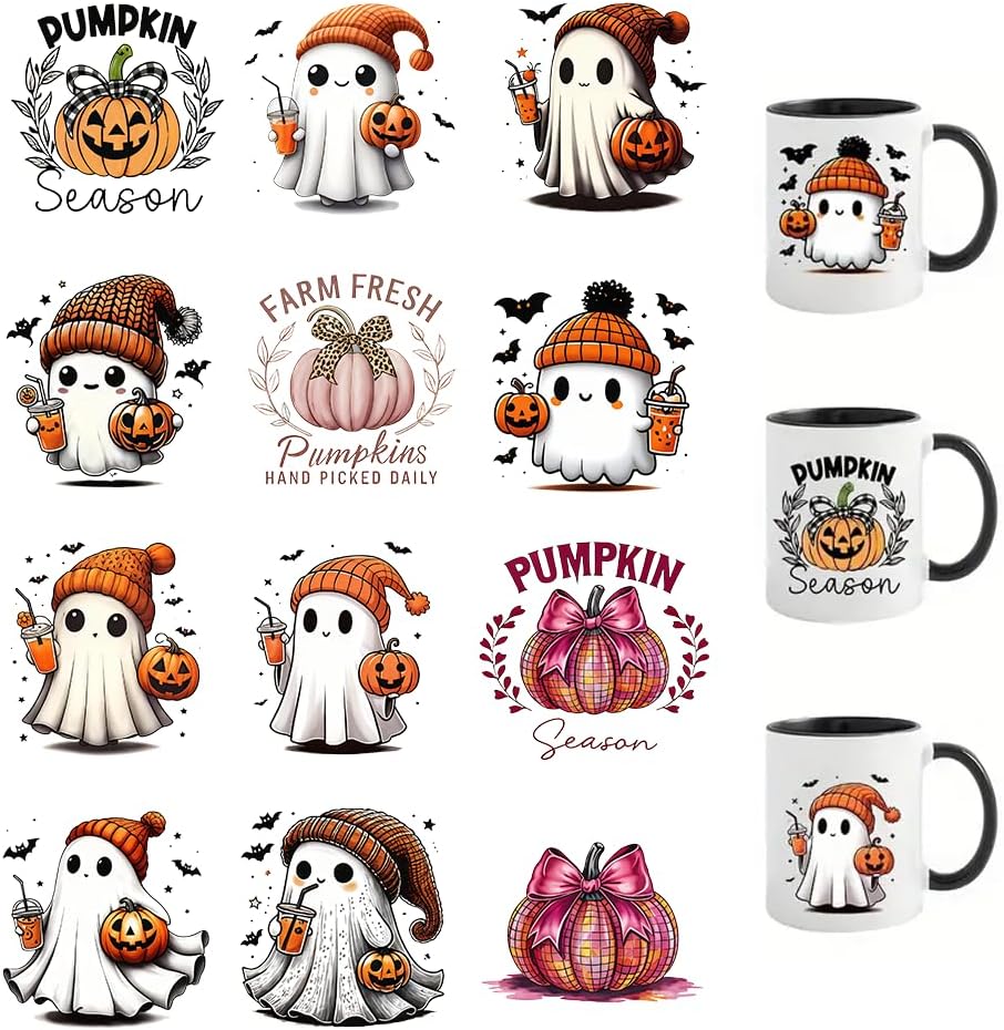 12pcs Halloween Ghost Pumpkin Bat UV DTF Cup Wraps Transfer Waterproof Sticker for Glass Cups Furniture Craft DIY Crafts，Rub on Transfer Stickers for DIY Water Bottle Laptop Decal Wood Car