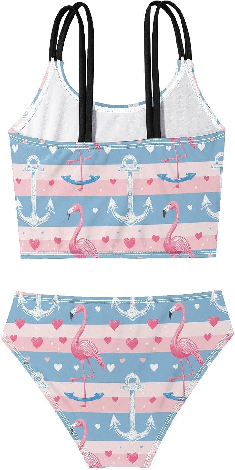 visesunny Girls Two Piece Swimsuits Anchor Flamingo Girl's Bikini Sets Bathing Suits for Girls Size 5-12Y