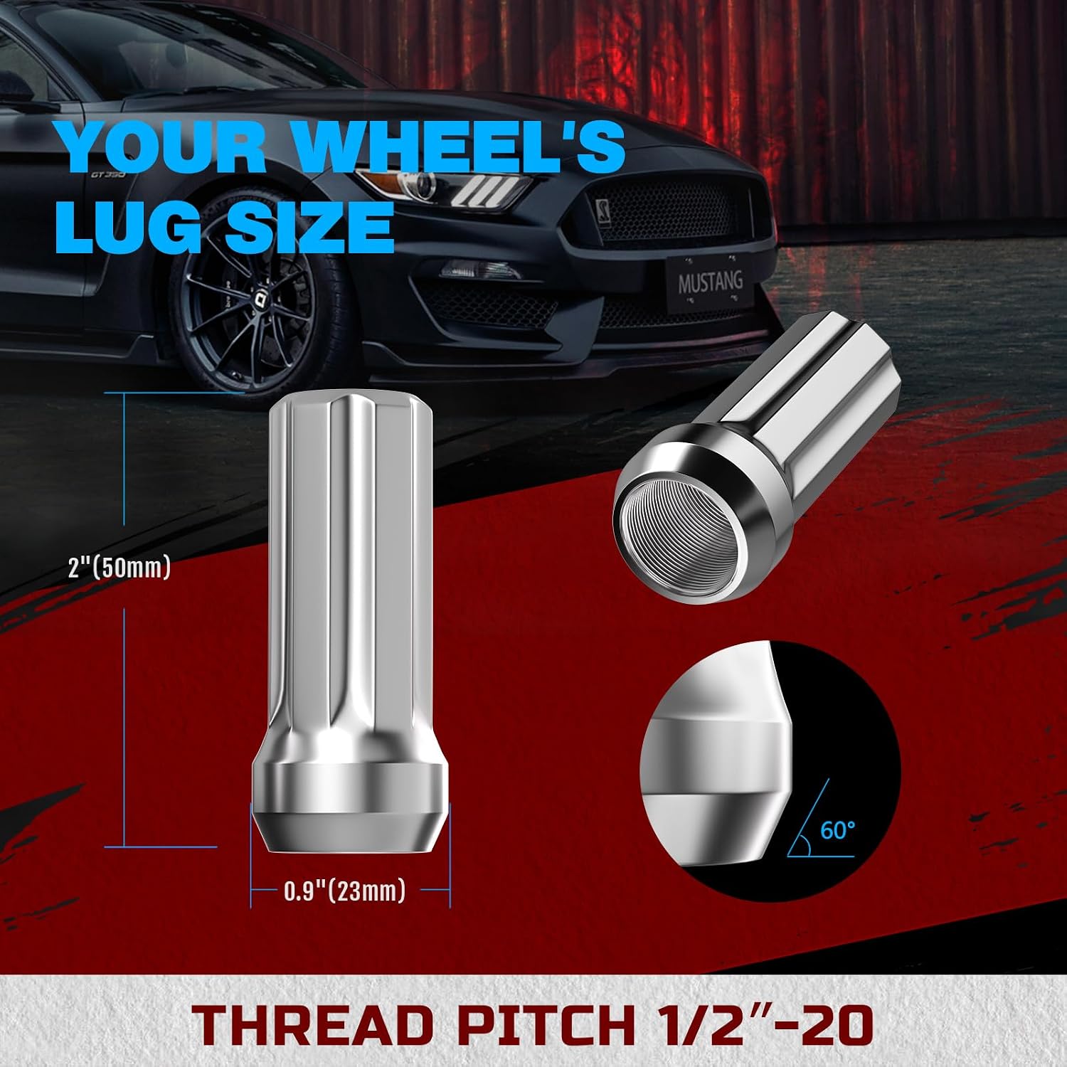 JiiinMiiin 1/2x20 Chrome Lug Nuts with Cone Seat, 20PCS with 1 Socket Key image 2