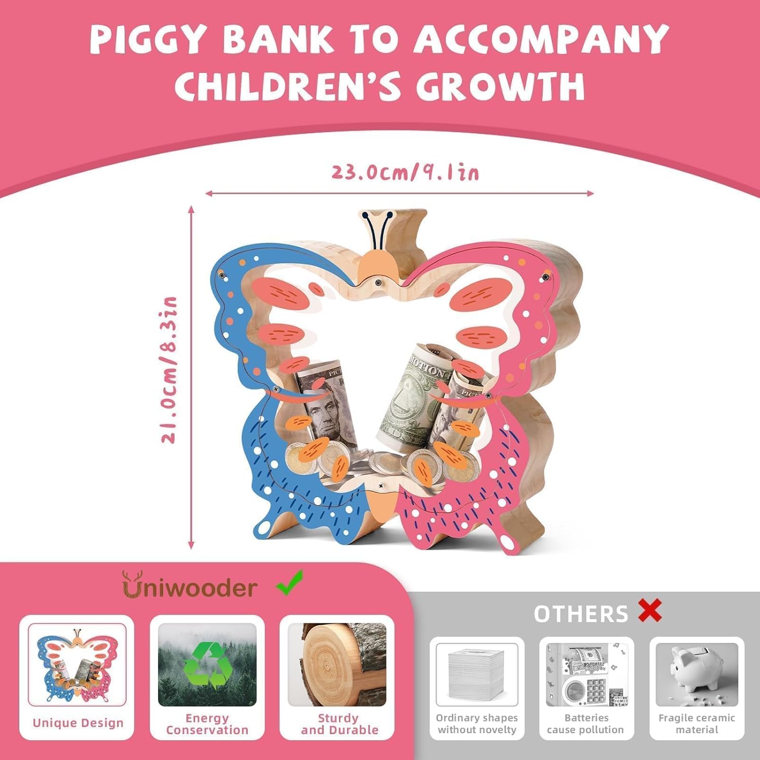 Butterfly Piggy Bank for Kids, Wooden Butterfly Money Box for Girls, Unbreakable Girls Toddler Coin Jar, DIY Safe Kids Coin Bank with Stickers, Birthday Gifts, Educational Toys, Home Decor