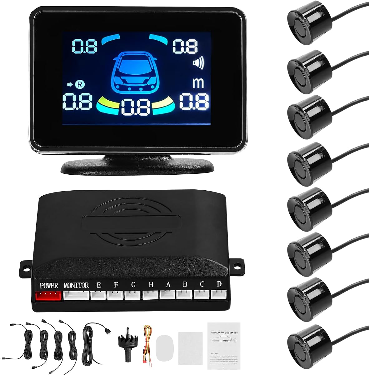 Shkalacar Sensores de estacionamiento para automóvil, kit de 8 sensores Sensores de estacionamiento Soporte delantero y trasero, pantalla LED, sistema acústico de respaldo de marcha atrás Advertencia/Zumbador/Silencio con 8 sensores de estacionamiento Detección de distancia