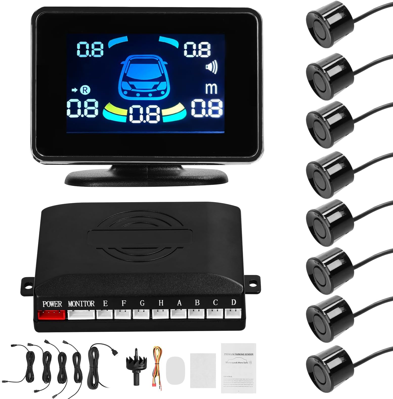 Car Parking Sensor Reversing Radars System with 8 Sensors LCD Distance Display Adjustable Multiple Alarm Modes Front Rear Detection for 12V Vehicles