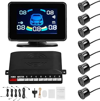 Shkalacar Car Parking Sensors Front & Rear Reversing Sensors Support Sound Warning/Buzzer/Mute with 8 Parking Sensors Distance Detection LCD Distance Display