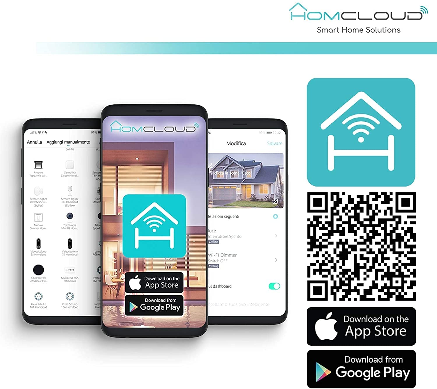 Homcloud app interface with QR codes for download