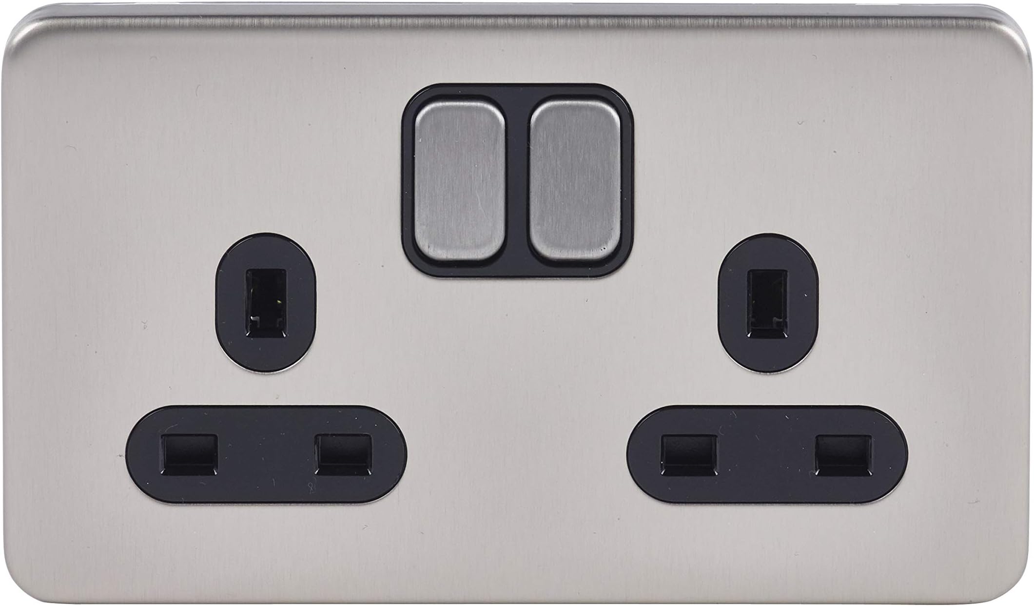 Lisse Screwless Deco, Switched Double Power Socket, 13A, Stainless Steel with Black Insert, GGBL3020BSSS
