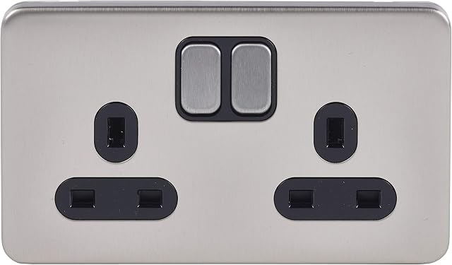 Schneider Electric Lisse Screwless Deco - Switched Double Power Socket, 13A, GGBL3020BSSS, Stainless Steel with Black Insert