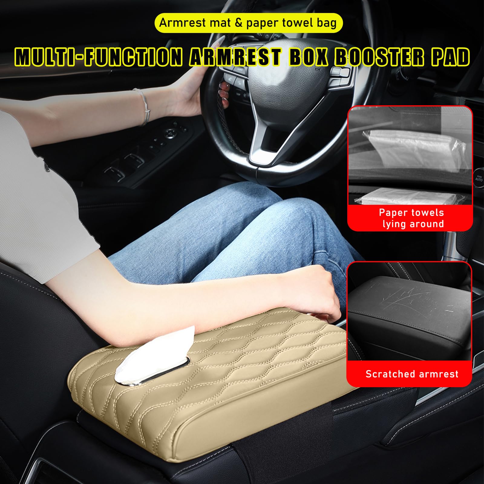Cuscino per console centrale auto, universale, impermeabile, in pelle, per bracciolo auto, protezione per sedile auto, con morbida schiuma di memoria, accessori per auto (beige)