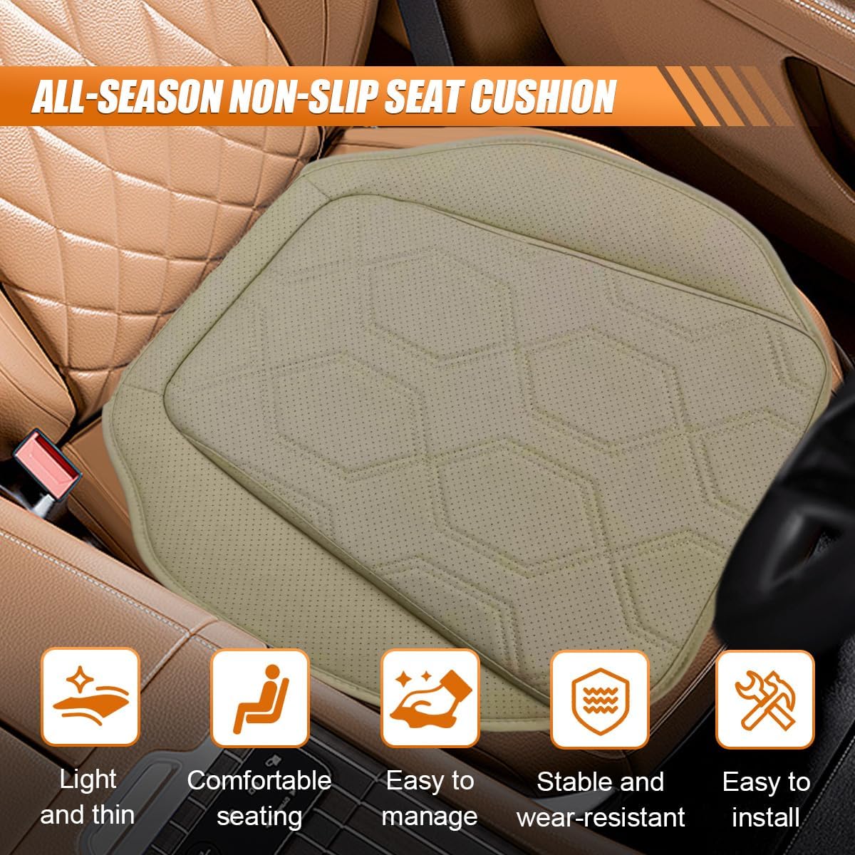 Craedli Car Seat Cushion, Breathable Leather Auto Front Seats Bottom Non-Slip Protector Pad, Comfortable Memory Foam Vehicle Interior Driver Seat Cover, Fit for SUV, Truck, Office Chair (Beige)