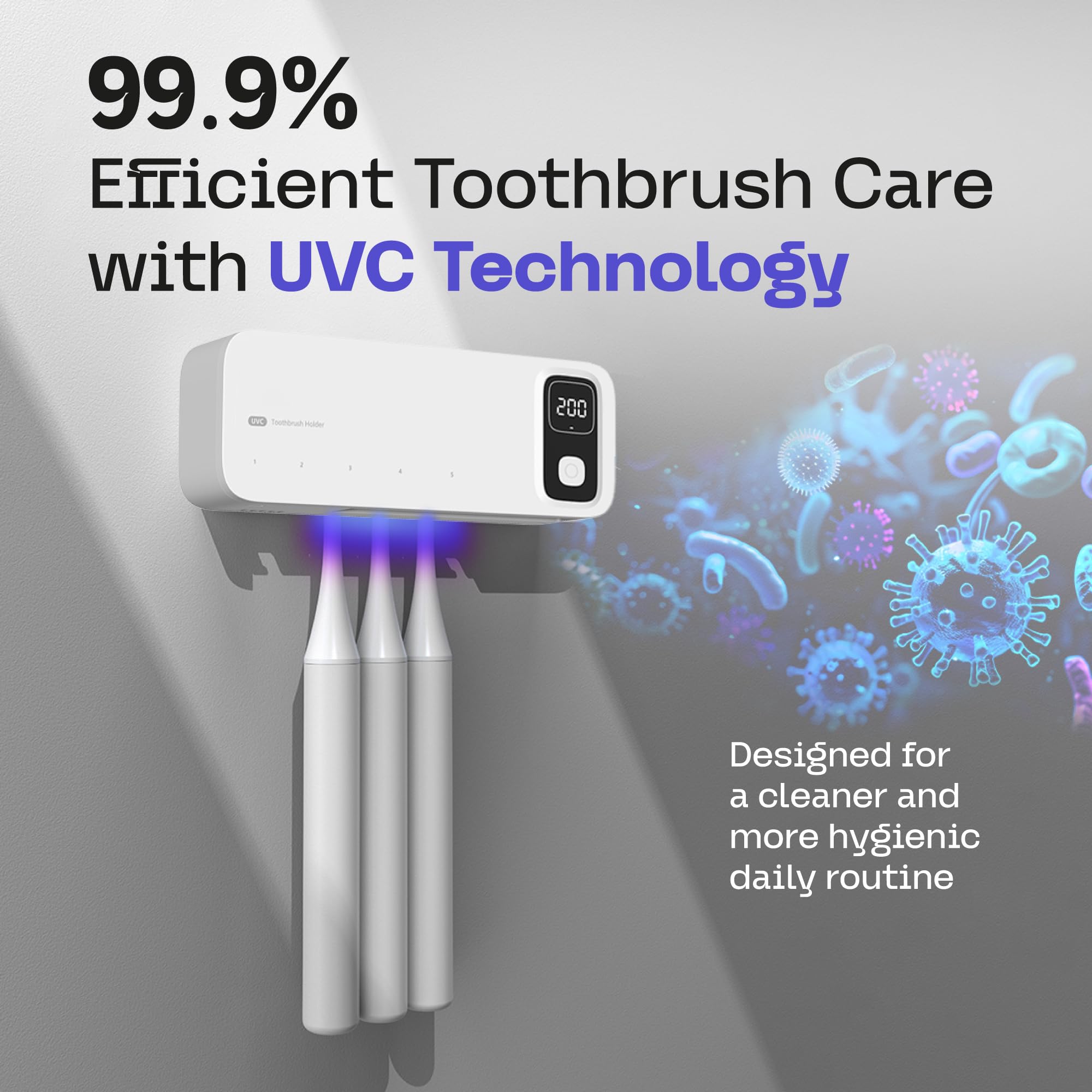 Supporto per spazzolino da denti UV da parete, porta spazzolino elettrico per pulizia e asciugatura con luce UV-C LED Screen Smart Cover - Supporto per specchio da bagno