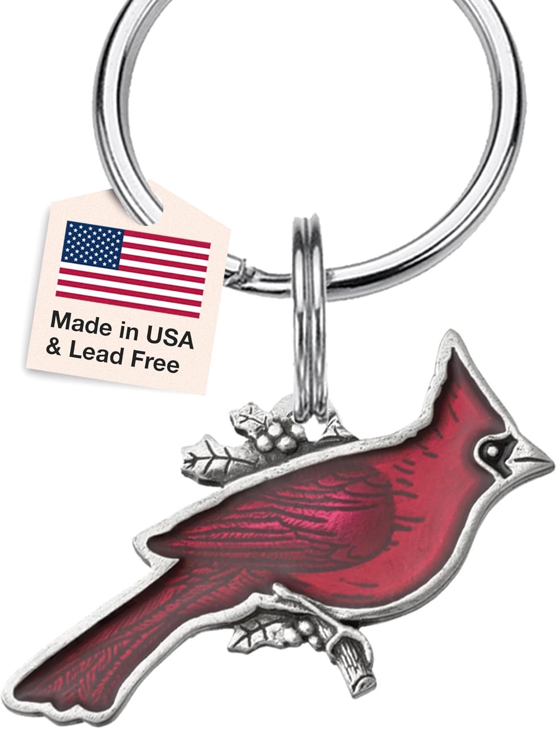 DANFORTH Red Cardinal Keyring, Winter Bird Keychain, Handcrafted Pewter, 2” x 1 1/2", Made In USA