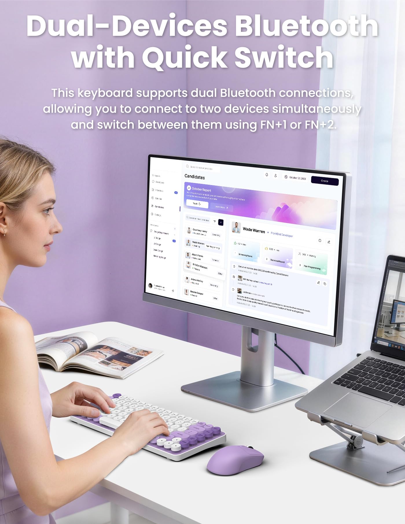 SOPPY Tastiera wireless e mouse combinata, tasti rotondi, tastiera retrò a 85 tasti, modalità Bluetooth/2,4 GHz, compatta ed ergonomica, compatibile con PC/desktop/laptop/Windows, layout USA, viola