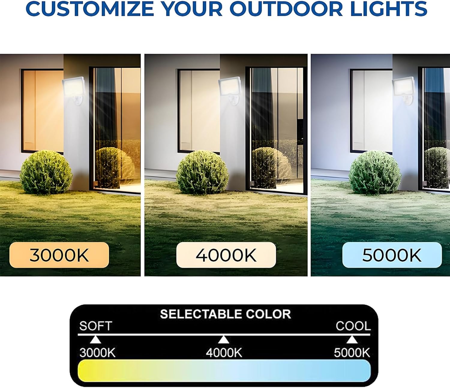55W Dusk to Dawn Flood Light, 7150LM LED Outdoor Security Light, 3000K/4000K/5000K Selectable, IP65 Waterproof, ETL Listed Exterior Lighting for Garage, Yard, Wall Mount, 2 Pack (White)