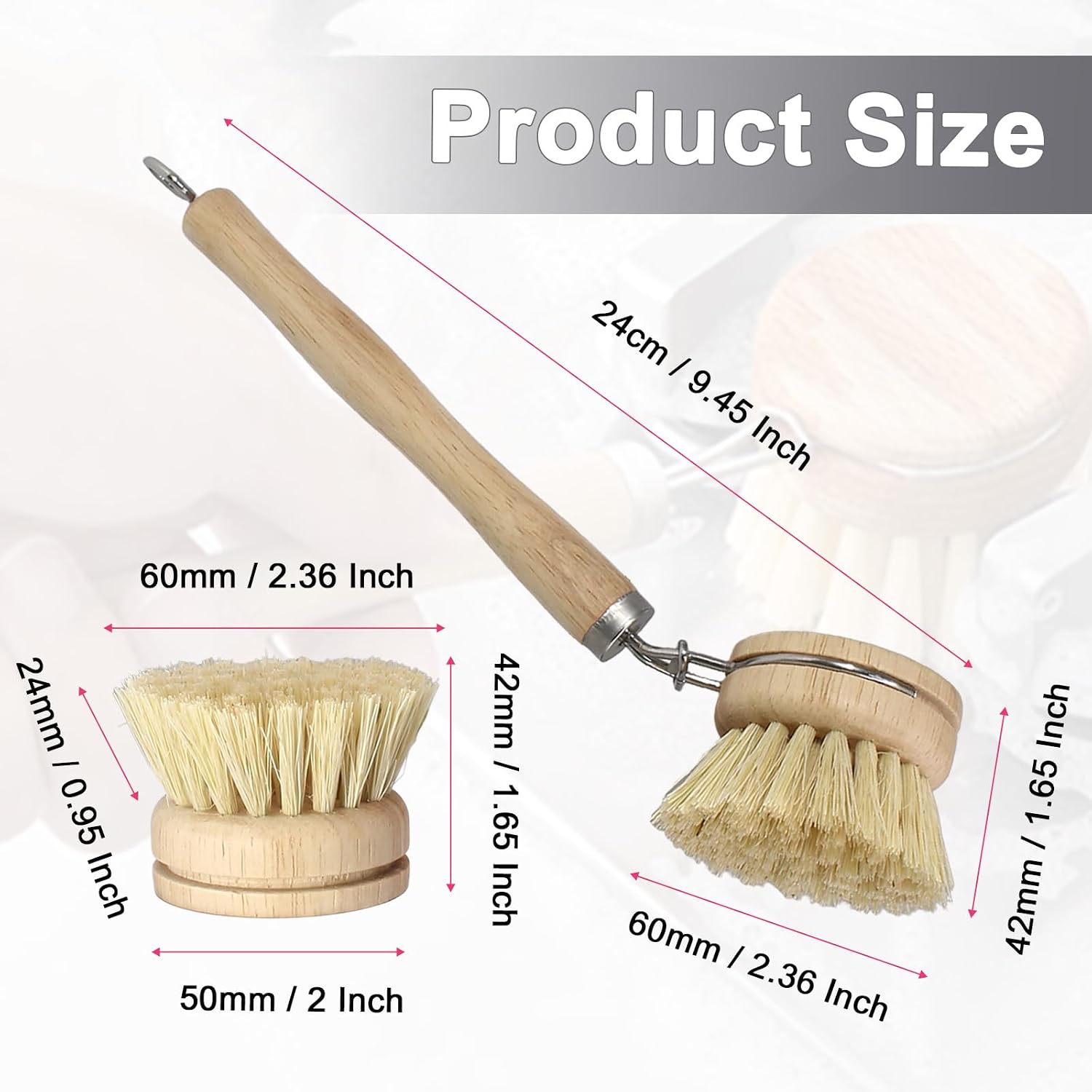 5 Pc Wood Dish Brush, 4 Sisal Heads with 1 Handle