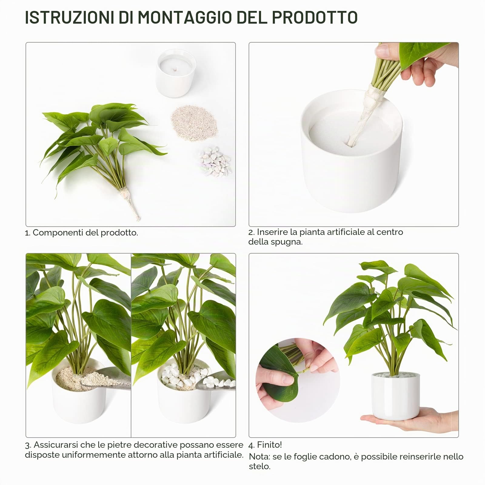 Mkono Piante finte in vaso di ceramica, piante artificiali in vaso da 28 cm, per la decorazione della casa, pianta finta foglia verde con moderna fioriera bianca per scrivania, mensola per ufficio,
