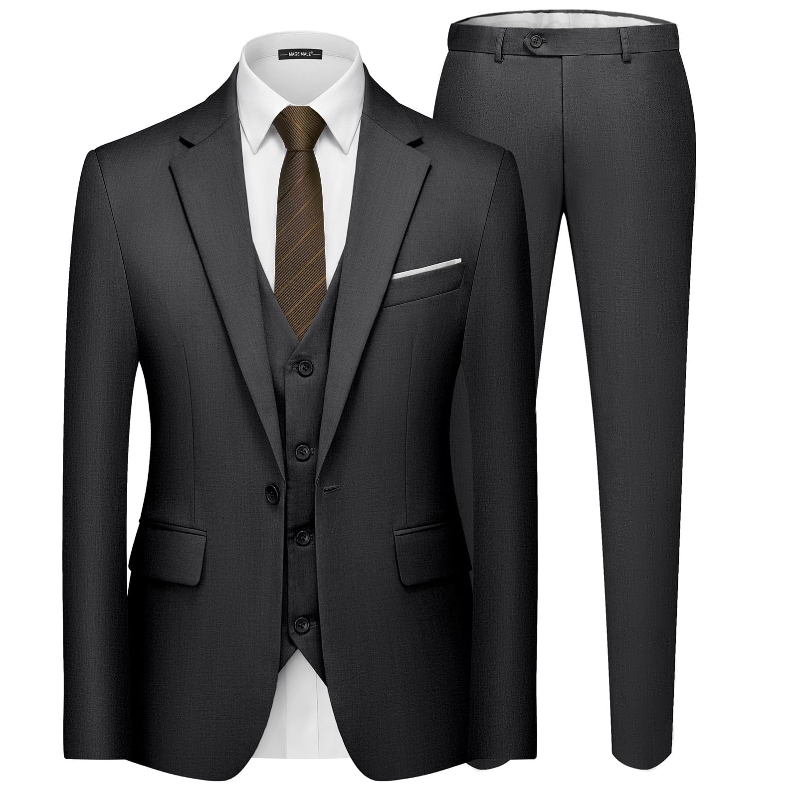 MAGE MALE Men's 3 Pieces Suit Elegant Solid One Button Slim Fit Single Breasted Party Blazer Vest Pants Set Global Recycled Standard Global Recycled Standard Global Recycled Standard