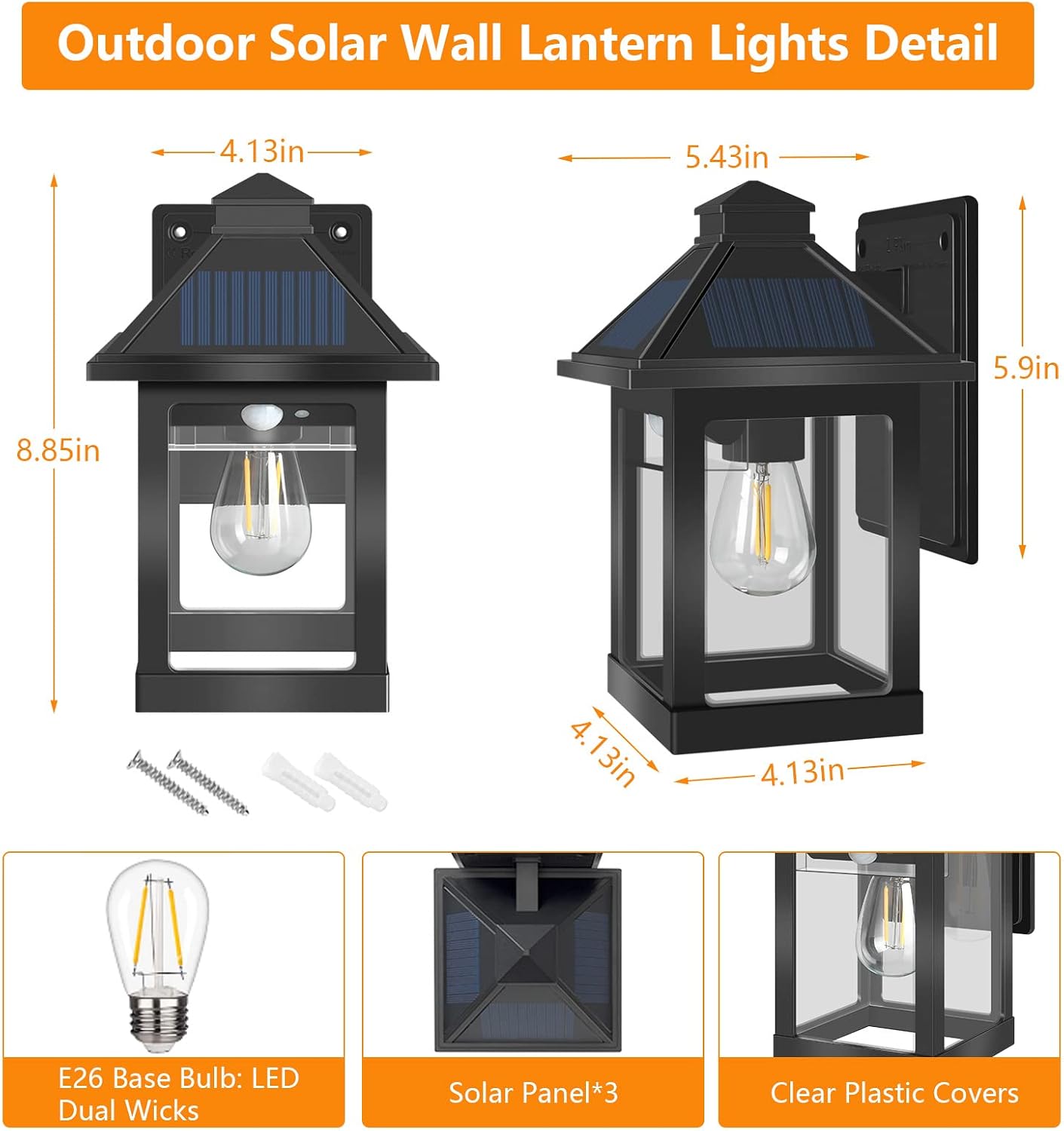 INDARUN Wall Lights Solar Lanterns Outdoor Waterproof, Solar Motion Lights Dusk to Dawn with 3 Lighting Modes, Black Wall Sconce Cordless LED Wall Lamp for Front Porch, Patio, Garage, Barn, Villa