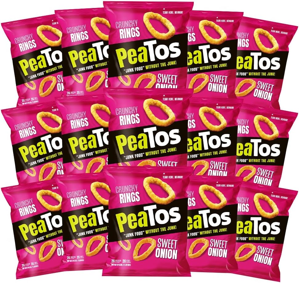 PeaTosCrunchy Rings, Snack Packs (4g Protein, 3g Fiber) [Sweet Onion] | Pea Protein, Gluten Free, 0.6 Ounce - 15 Count (Pack of 15) PeaTos are Pea-Based, Plant-Based, Vegan, Gluten-Free, and Non-GMO