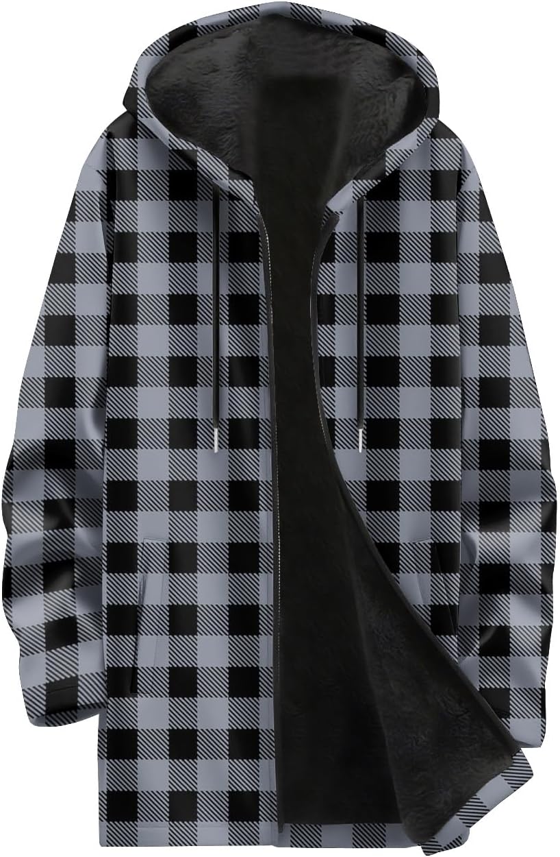 Men's Shirt Jacket Fleece Sherpa Lined Plaid Jackets Coat Full Zip Up Hoodie Winter Outwear, M-3XL