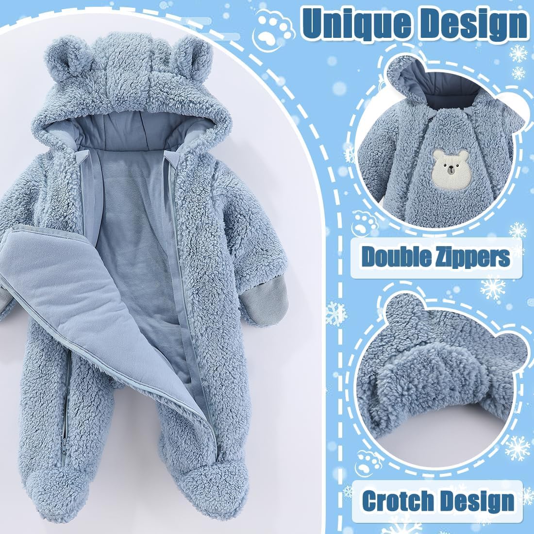 Fairy Baby Newborn Baby Winter Snowsuit Bear Thick Romper Footie Double Zip Hooded Jumpsuit Fleece Coat Infant Boy Girl 0-12M - Image 4