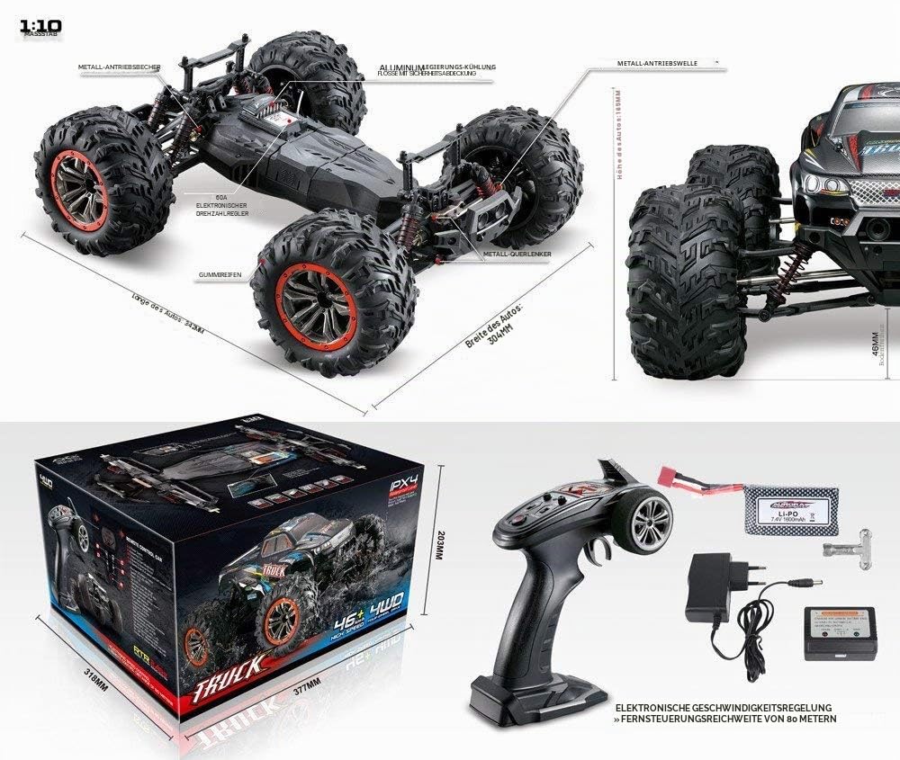 s-idee® 18173 S9125 blau RC Monstertruck 1:10 mit 2,4 GHz 50 km/h schnell mit Zwei Motoren
