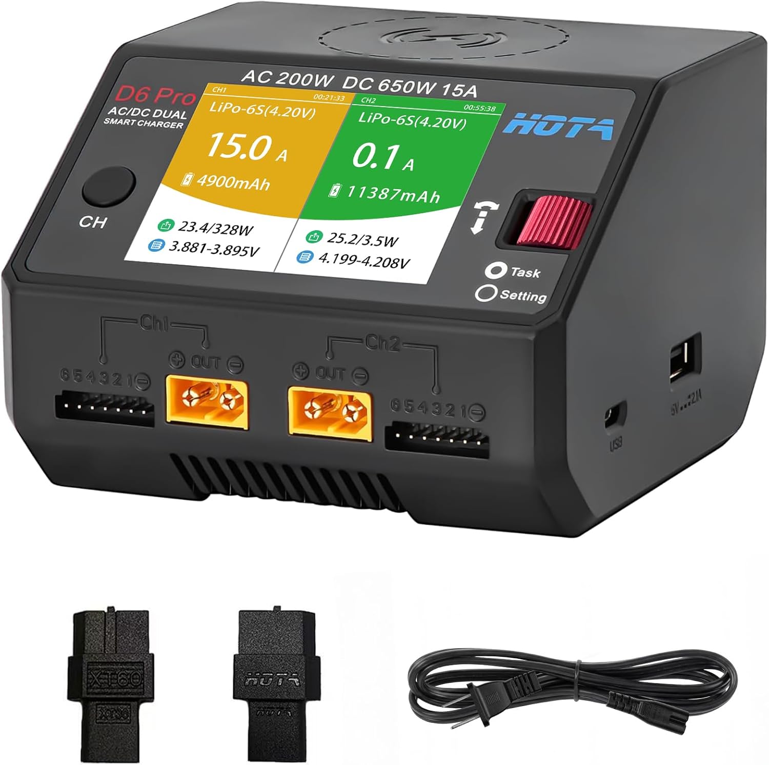 HOTA D6 Pro Dual Channel Smart Charger AC200W/DC650W (15A x2) - for 1-6S LiPo/LiHV/NiMH/Pb Battery, with Color LCD, Wireless Charging Panel & 5V USB - Compatible with RC Car, Boat, FPV Drone Parts