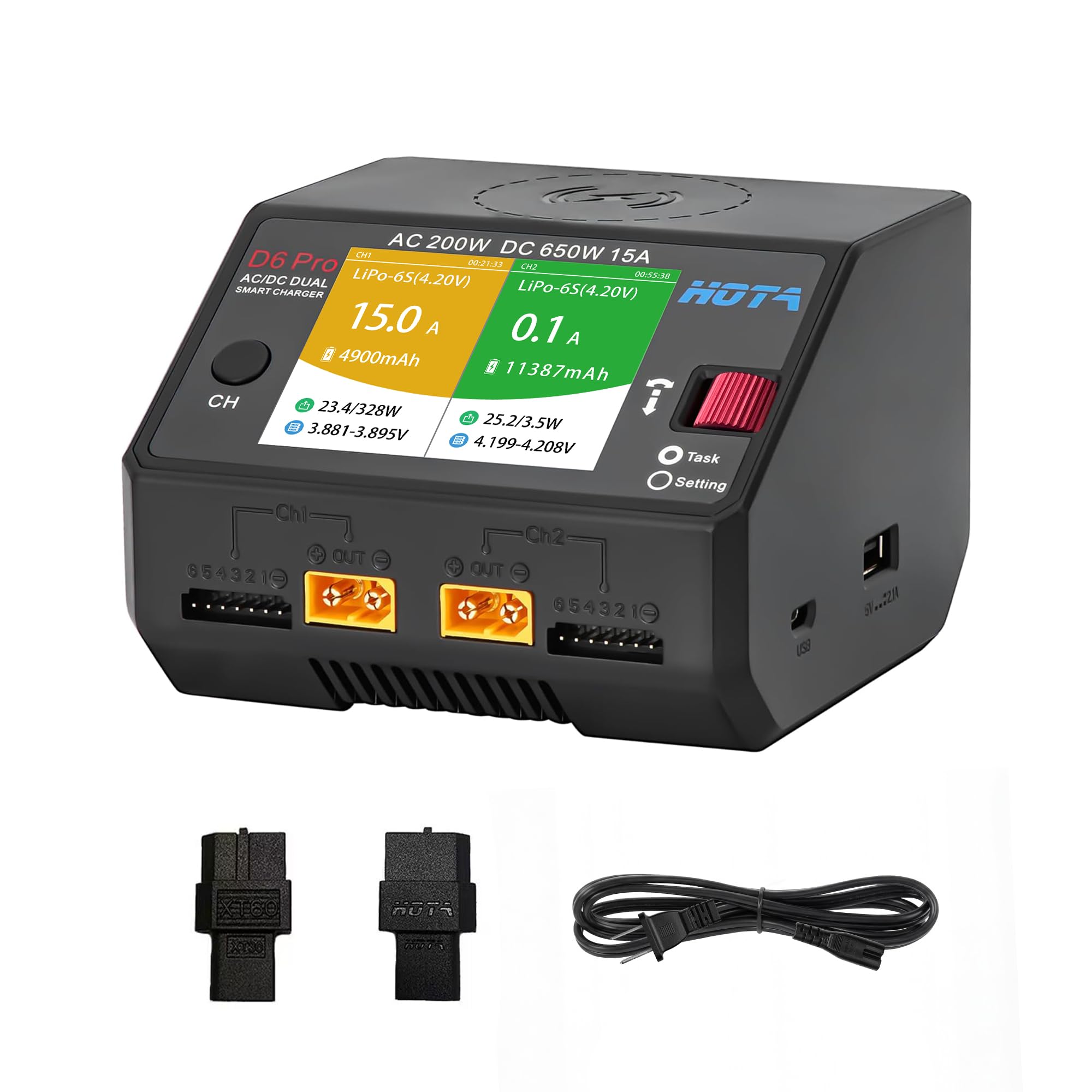 Photo 1 of HOTA D6 Pro Dual Channel Smart Charger AC200W/DC650W (15A x2) - for 1-6S LiPo/LiHV/NiMH/Pb Battery, with Color LCD, Wireless Charging Panel & 5V USB - Compatible with RC Car, Boat, FPV Drone Parts