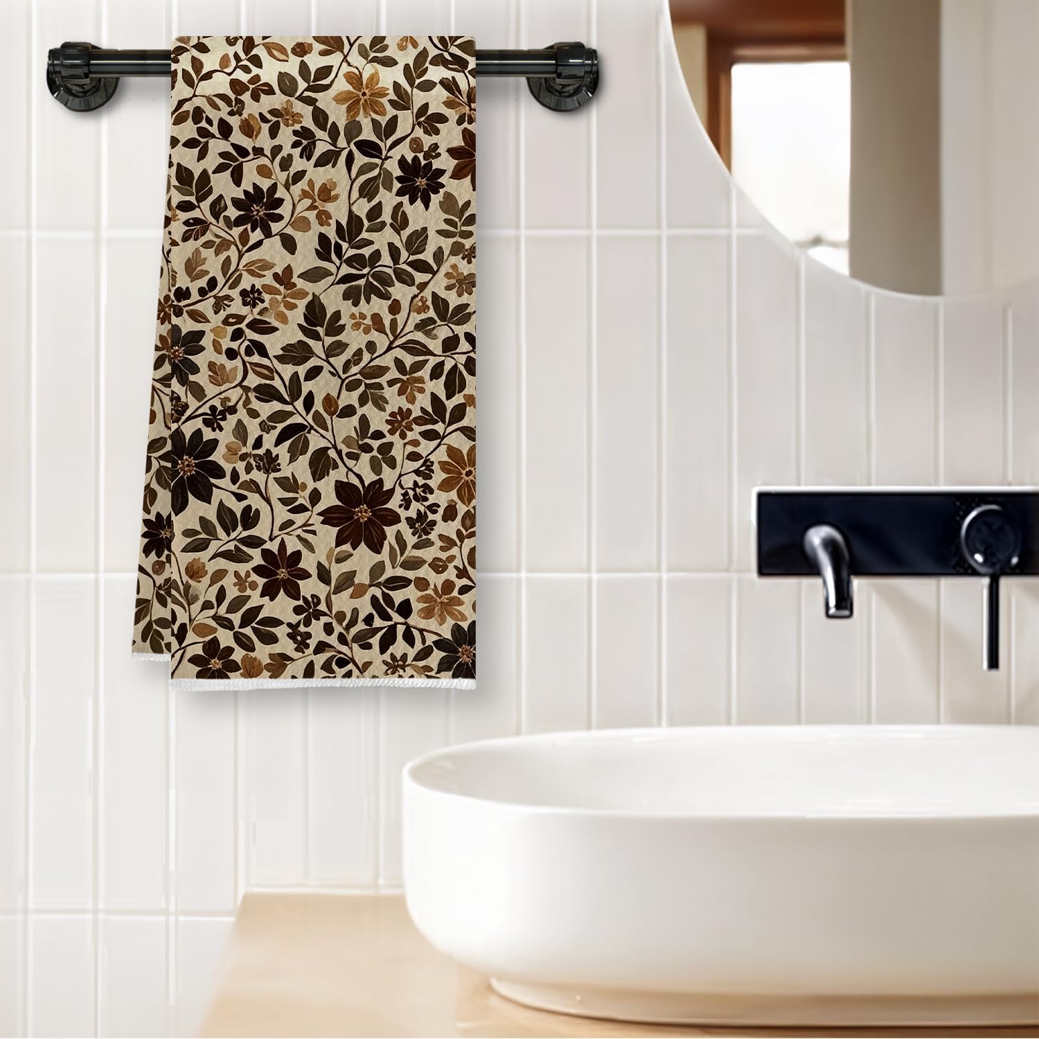 Vintage Boho Floral Kitchen Towels, Retro Brown Botanical Dish Tea Towels, Rustic Cottagecore Flower Plant Decorative Hand Towel for Kitchen Bathroom, 16x24 Inch - Image 3