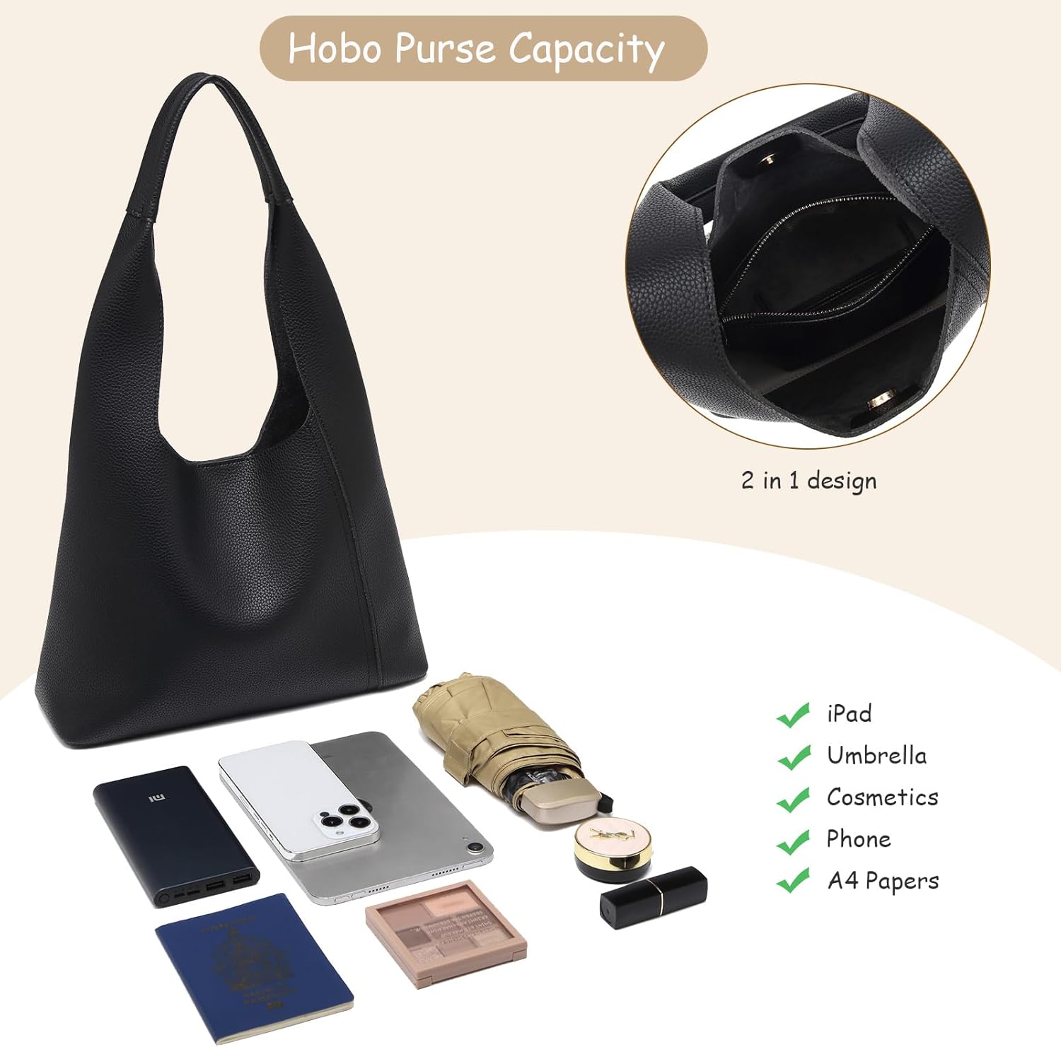 Kseymeir Slouchy Hobo Bags for Women, Shoulder Handbag Purse 2pcs Soft Tote Work Bag PU Leather Top Handle Bag