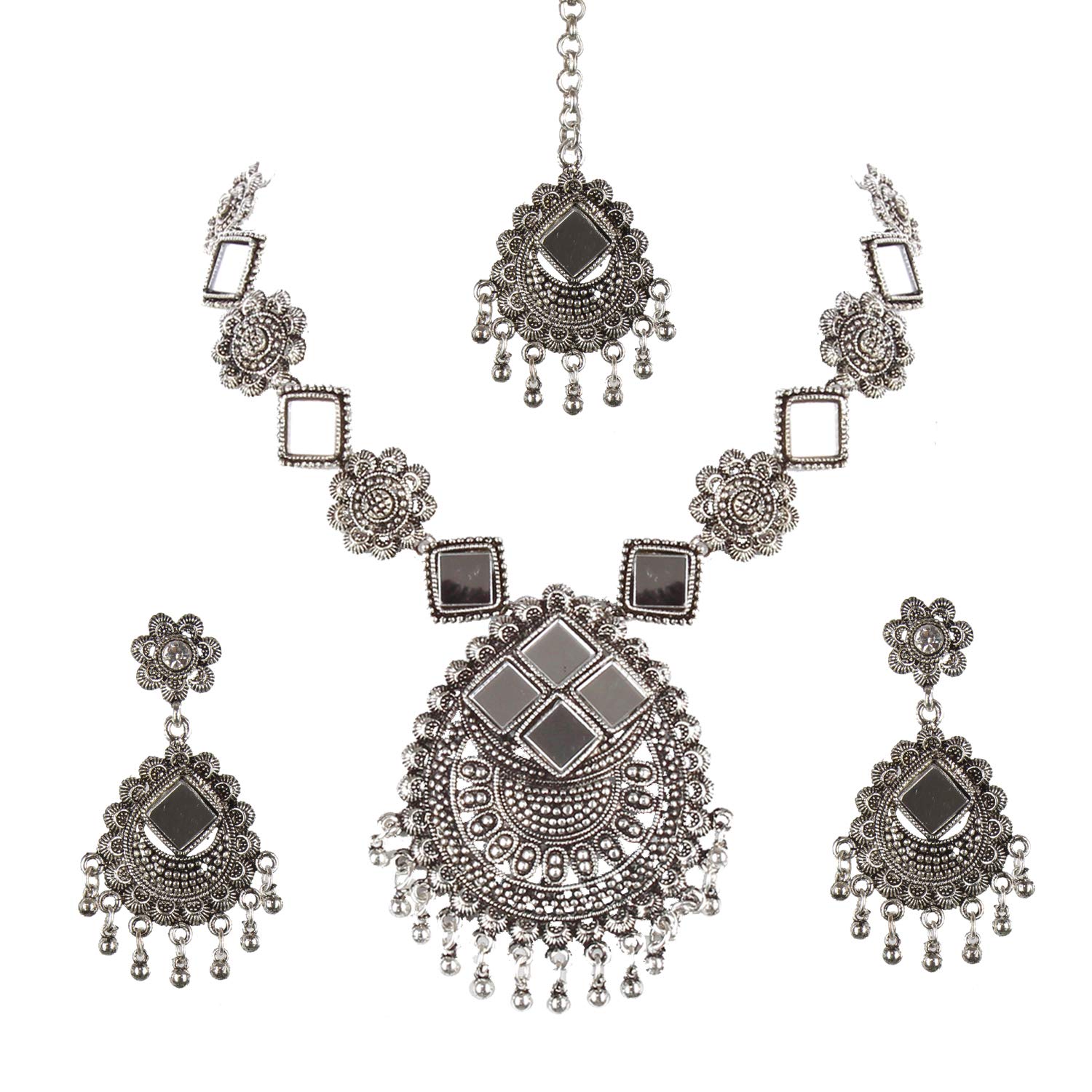 Lucky Jewellery Tribal Designer Oxidised German Silver Plated Mirror Work Navratri Garba Necklace Set with Matching Earring and Maang Tikka for Girls & Women (644-TSO-11939-S) (B07YBDS2C3) Amazon Price History, Amazon Price Tracker