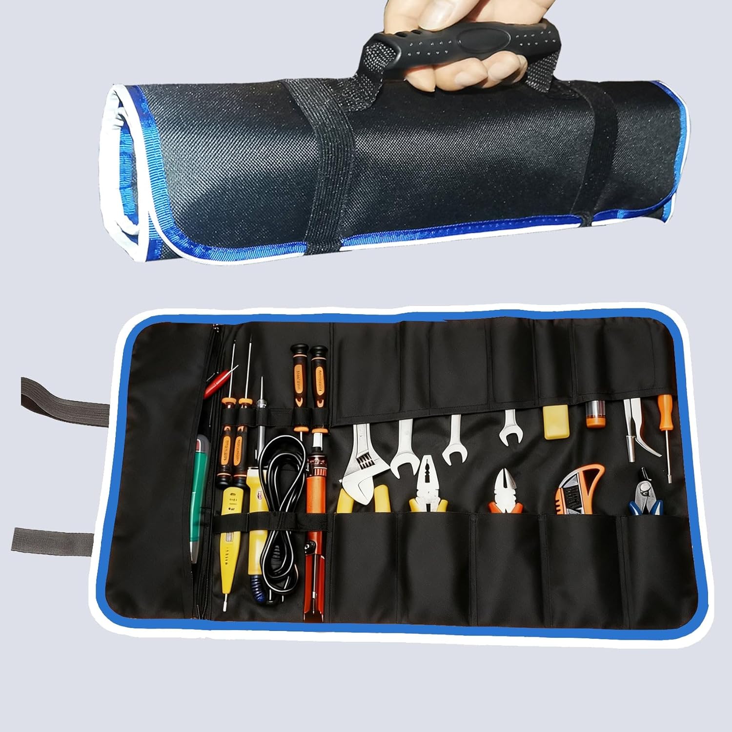 Tool Roll Up Bag Organizer, Roll Up Tool Bag, Tool Roll Bag, Portable Tool Storage, Compact Tool Organizer With Blue Reflective Trim, Handyman Gift, Birthday Gift For Men, RV Owner Mechanic Tool Bag