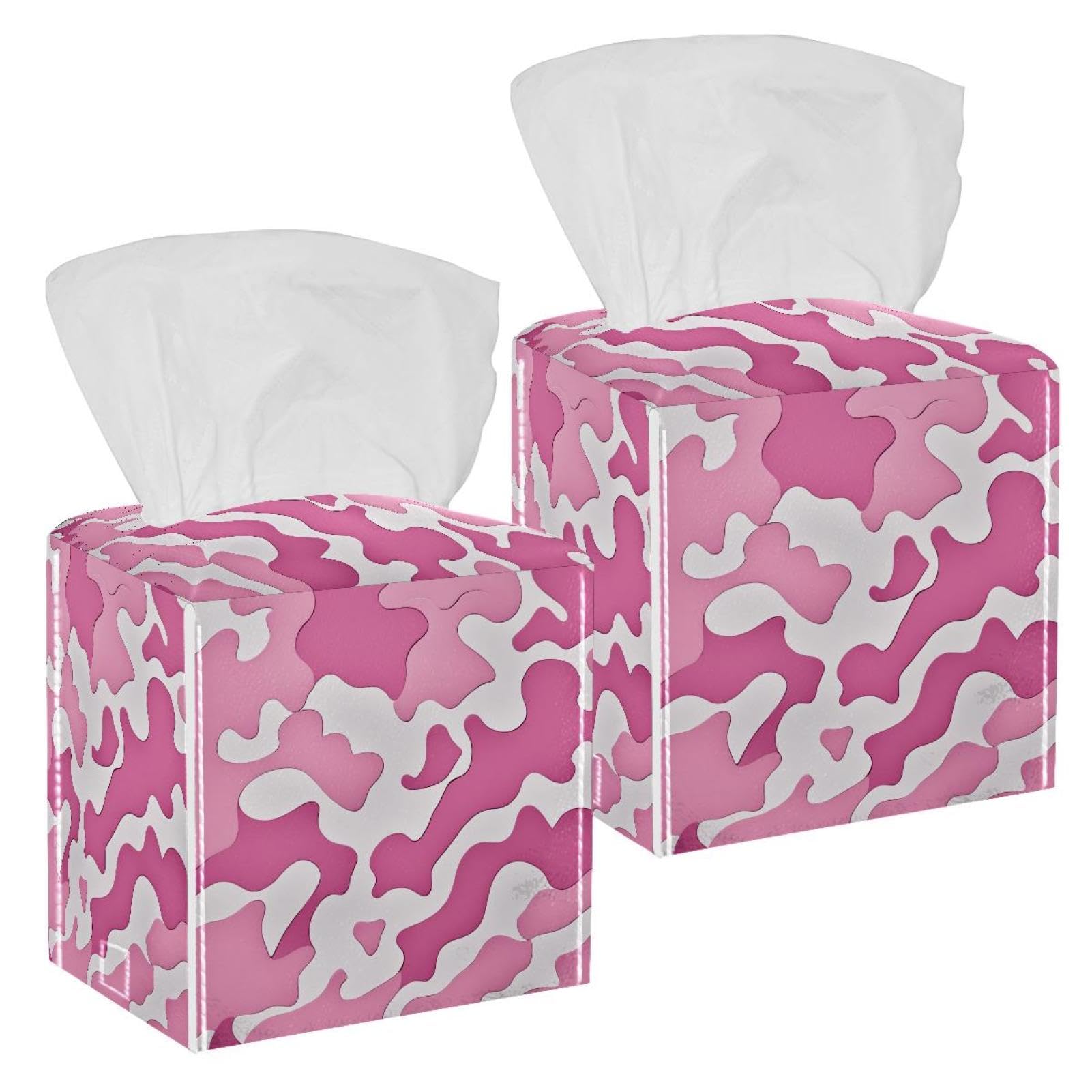 Pink Camouflage Tissue Box Cover, 2 Pack PU Leather Square Facial Tissue Dispenser Box holder for Home Office Car