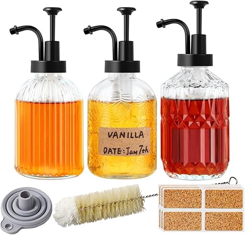 Shining Craft SC058 - Dispensador de bomba de jarabe de café con etiquetas, botellas de jarabe, paquete de 3 unidades de 11.8 onzas  11.8 fl oz,